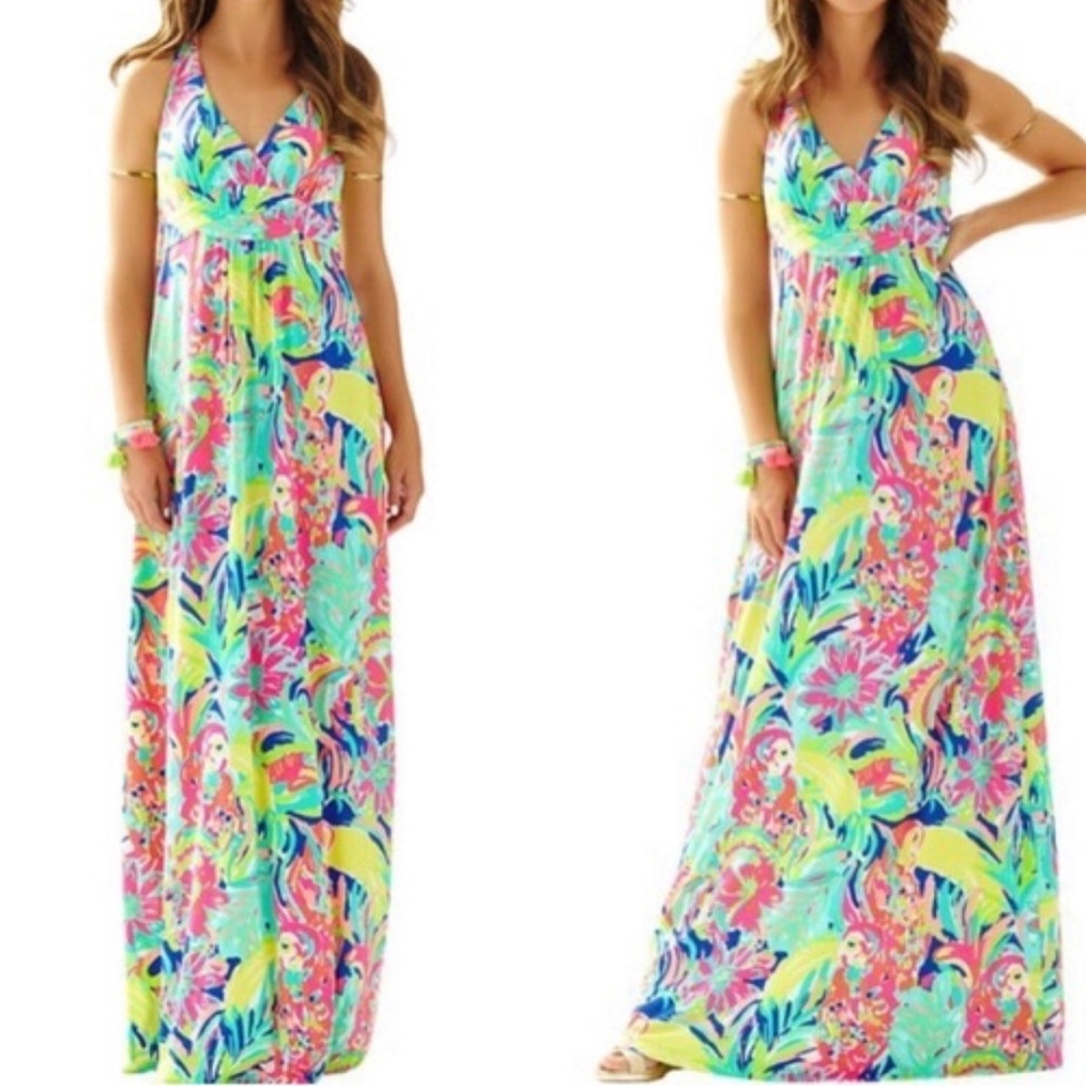 Lilly Pulitzer Seaview Halter Maxi Dress Casa Banana XS Empire Waist Cutout Back